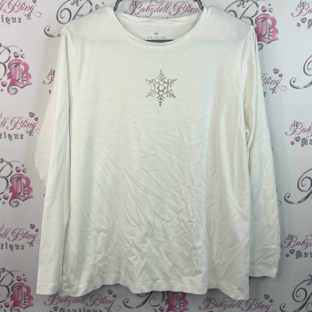 Talbots long sleeve snowflake ❄️ silver grey detail White Cotton Long Sleeve Top